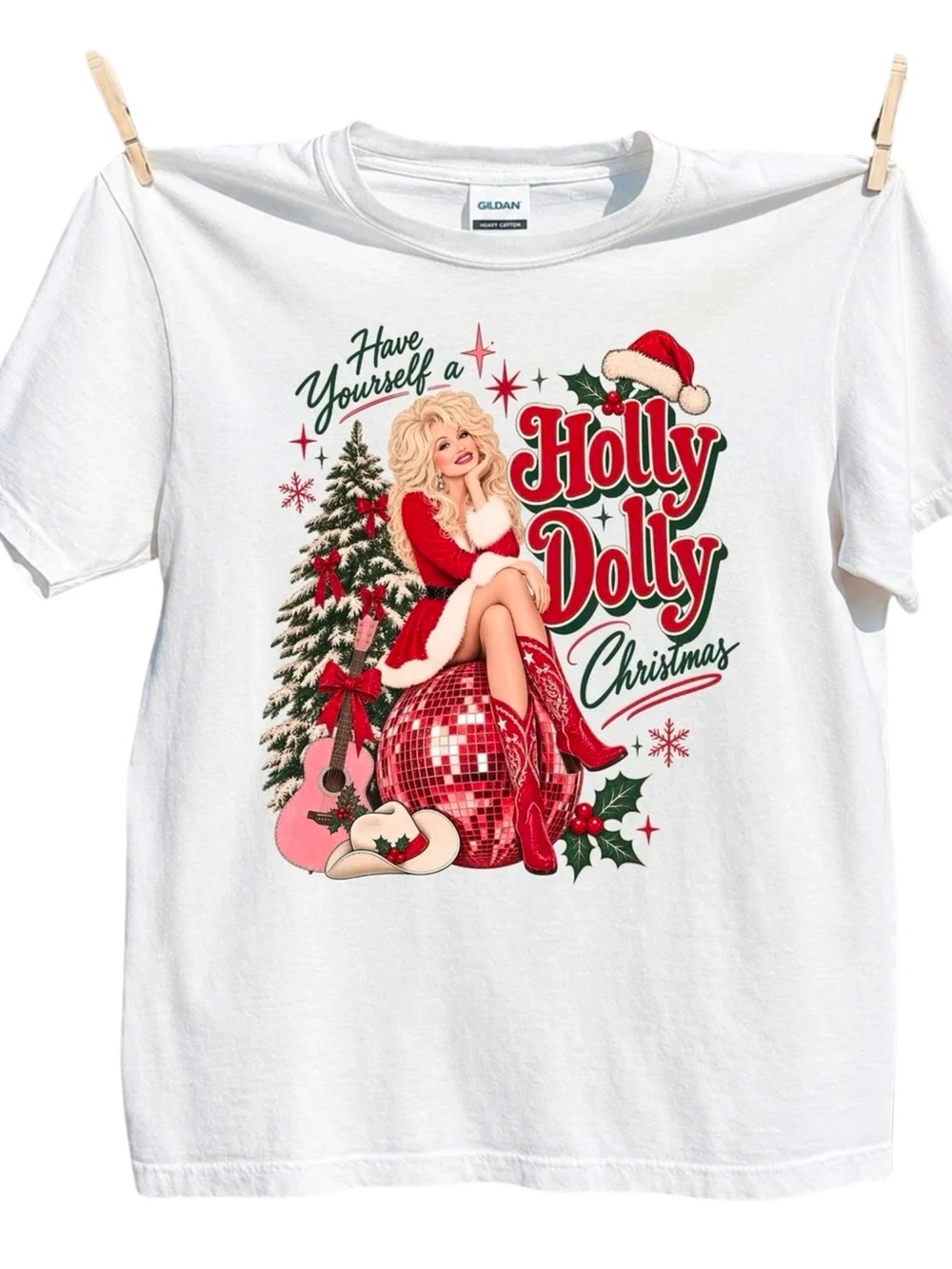 Gildan White Holly Dolly Christmas Retro Pinup Tee